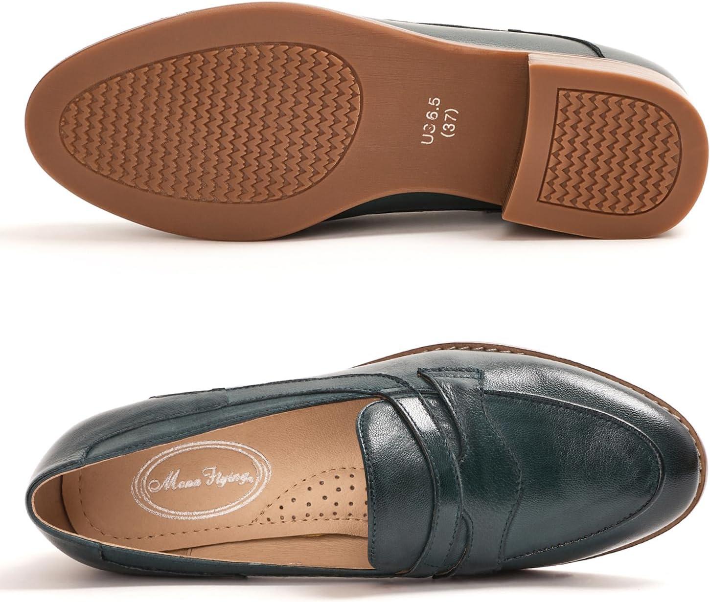 imageMona flying Womens Comfort Leather Round Toe Penny Loafers Dress Casual Slip On Flats Ladies Office Work ShoesDark Green