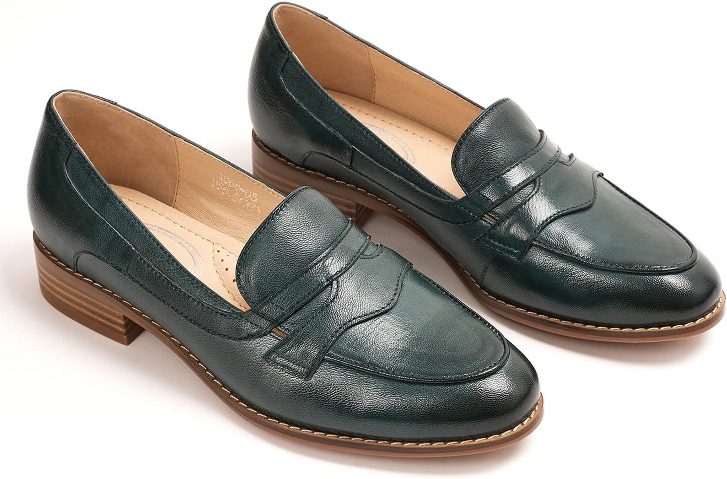 imageMona flying Womens Comfort Leather Round Toe Penny Loafers Dress Casual Slip On Flats Ladies Office Work ShoesDark Green