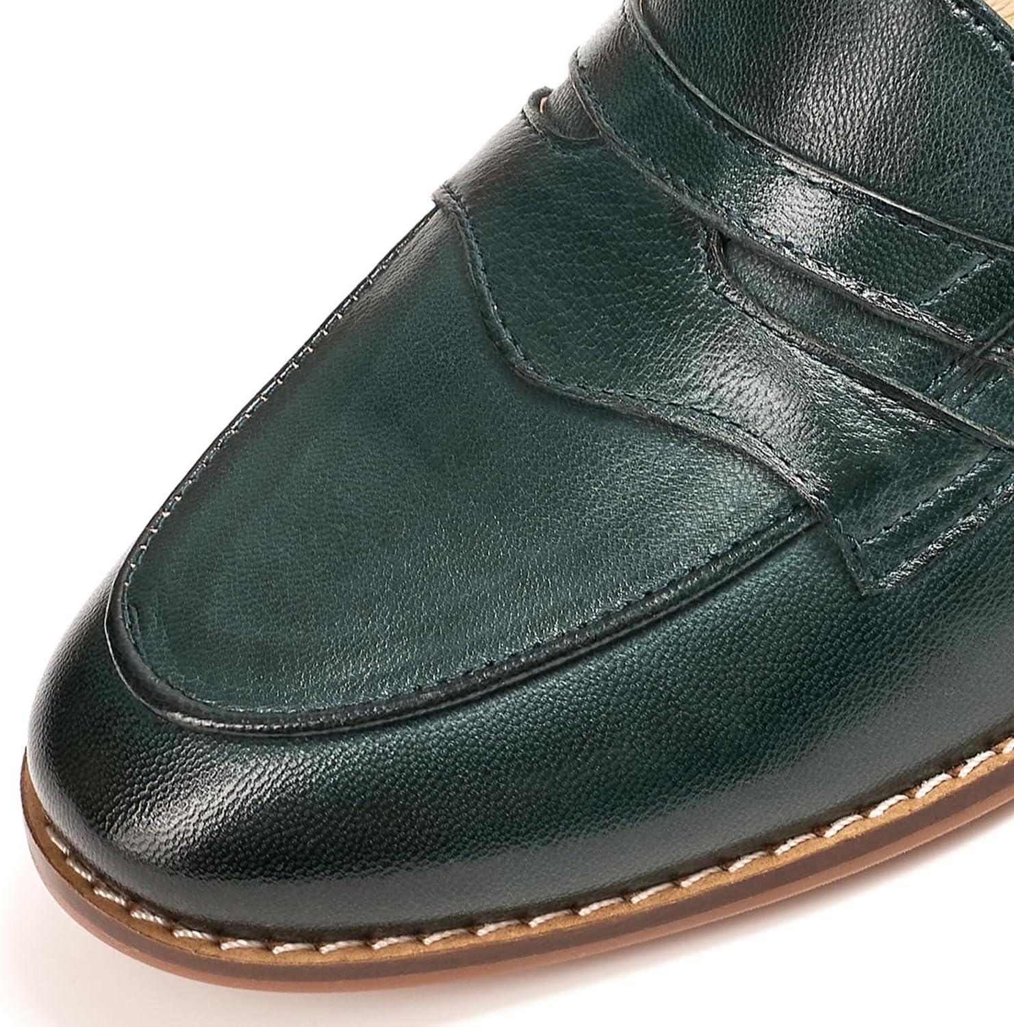 imageMona flying Womens Comfort Leather Round Toe Penny Loafers Dress Casual Slip On Flats Ladies Office Work ShoesDark Green