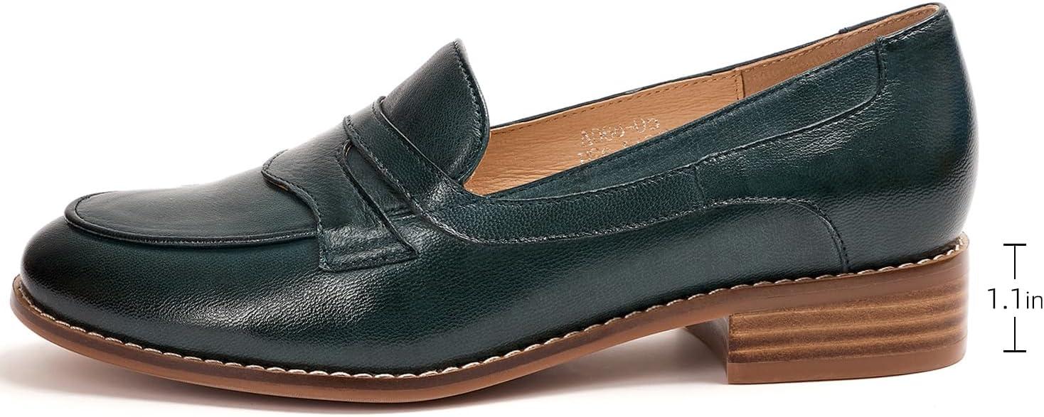 imageMona flying Womens Comfort Leather Round Toe Penny Loafers Dress Casual Slip On Flats Ladies Office Work ShoesDark Green