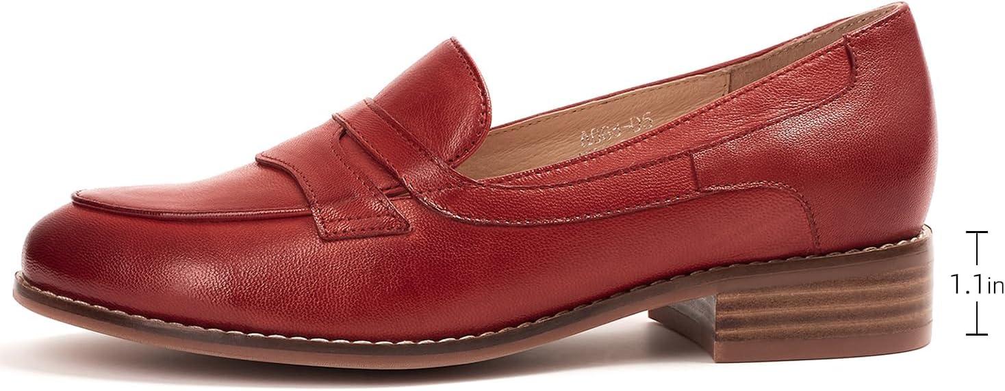 imageMona flying Womens Comfort Leather Round Toe Penny Loafers Dress Casual Slip On Flats Ladies Office Work ShoesJujube Red
