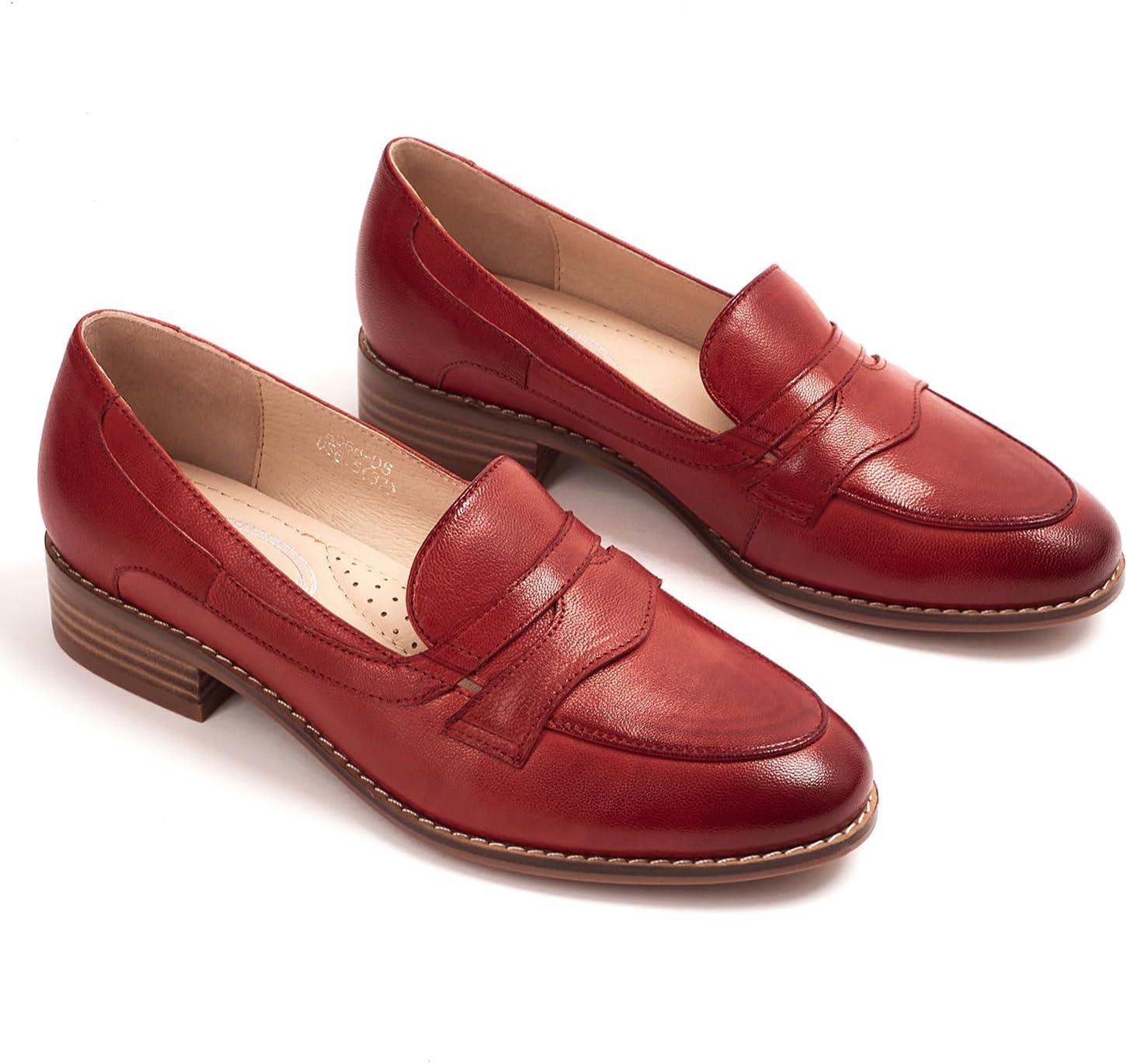 imageMona flying Womens Comfort Leather Round Toe Penny Loafers Dress Casual Slip On Flats Ladies Office Work ShoesJujube Red