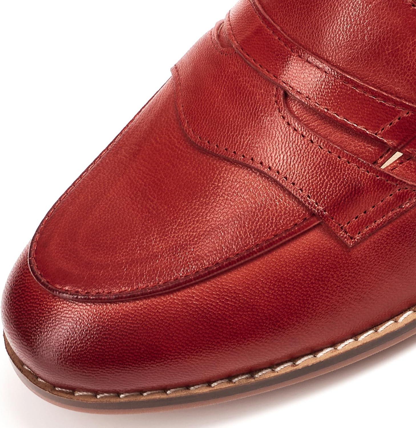 imageMona flying Womens Comfort Leather Round Toe Penny Loafers Dress Casual Slip On Flats Ladies Office Work ShoesJujube Red