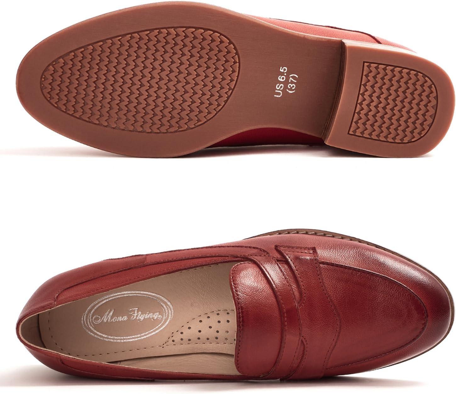 imageMona flying Womens Comfort Leather Round Toe Penny Loafers Dress Casual Slip On Flats Ladies Office Work ShoesJujube Red