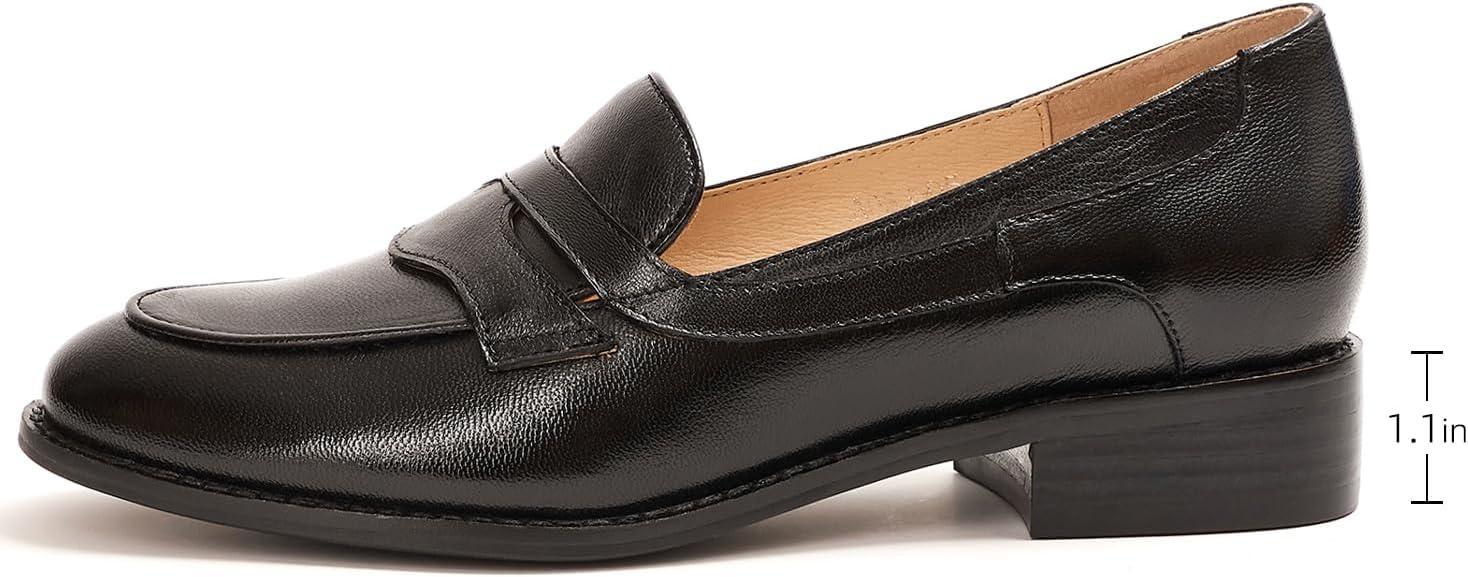 imageMona flying Womens Comfort Leather Round Toe Penny Loafers Dress Casual Slip On Flats Ladies Office Work ShoesPale Black