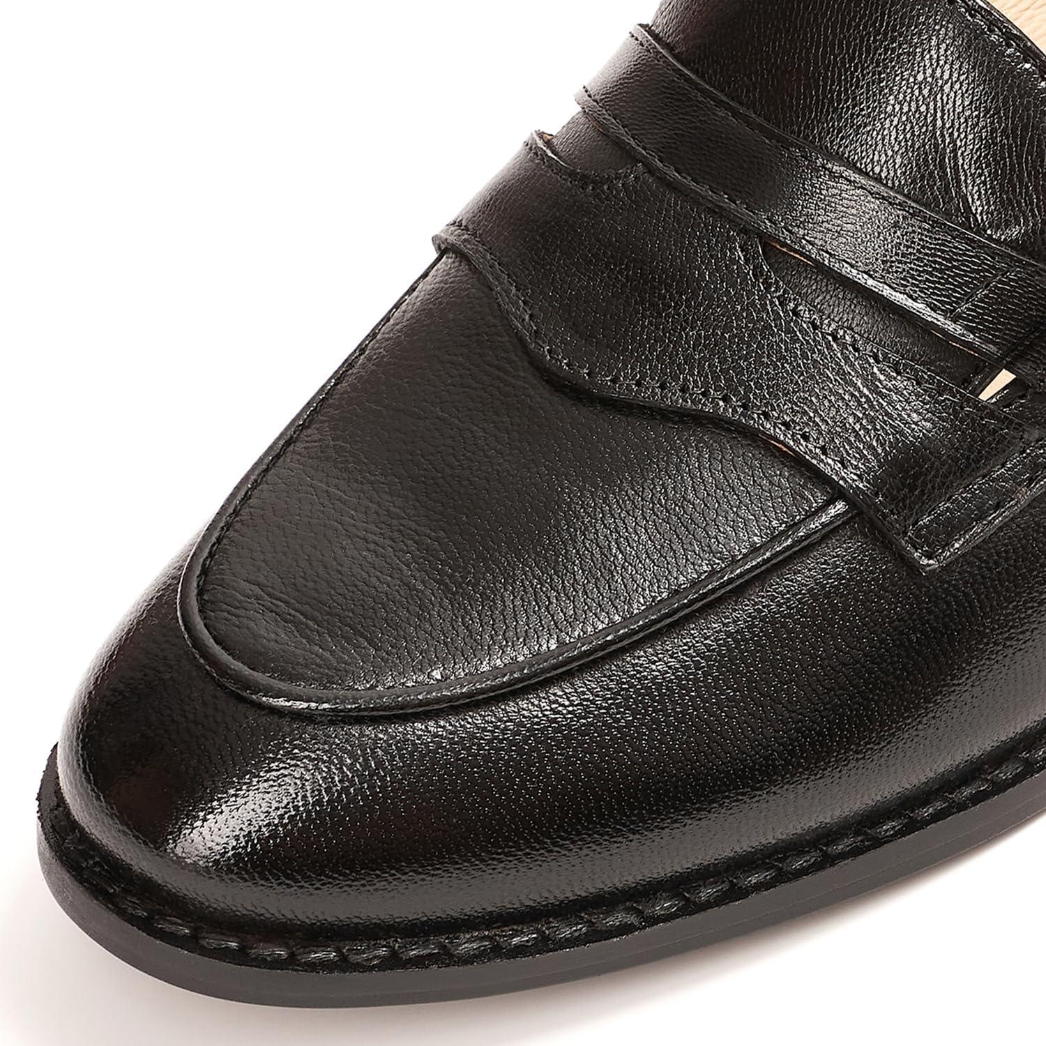 imageMona flying Womens Comfort Leather Round Toe Penny Loafers Dress Casual Slip On Flats Ladies Office Work ShoesPale Black