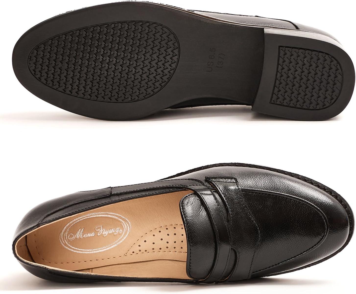 imageMona flying Womens Comfort Leather Round Toe Penny Loafers Dress Casual Slip On Flats Ladies Office Work ShoesPale Black