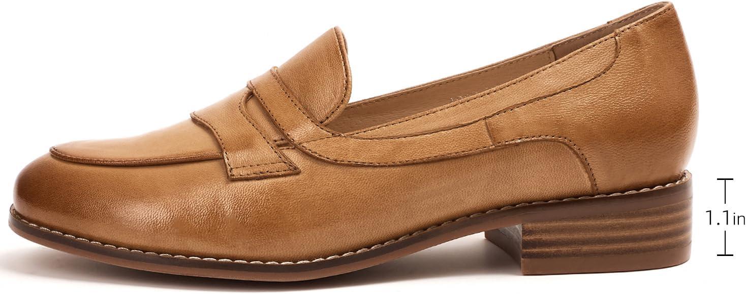 imageMona flying Womens Comfort Leather Round Toe Penny Loafers Dress Casual Slip On Flats Ladies Office Work ShoesPale Brown