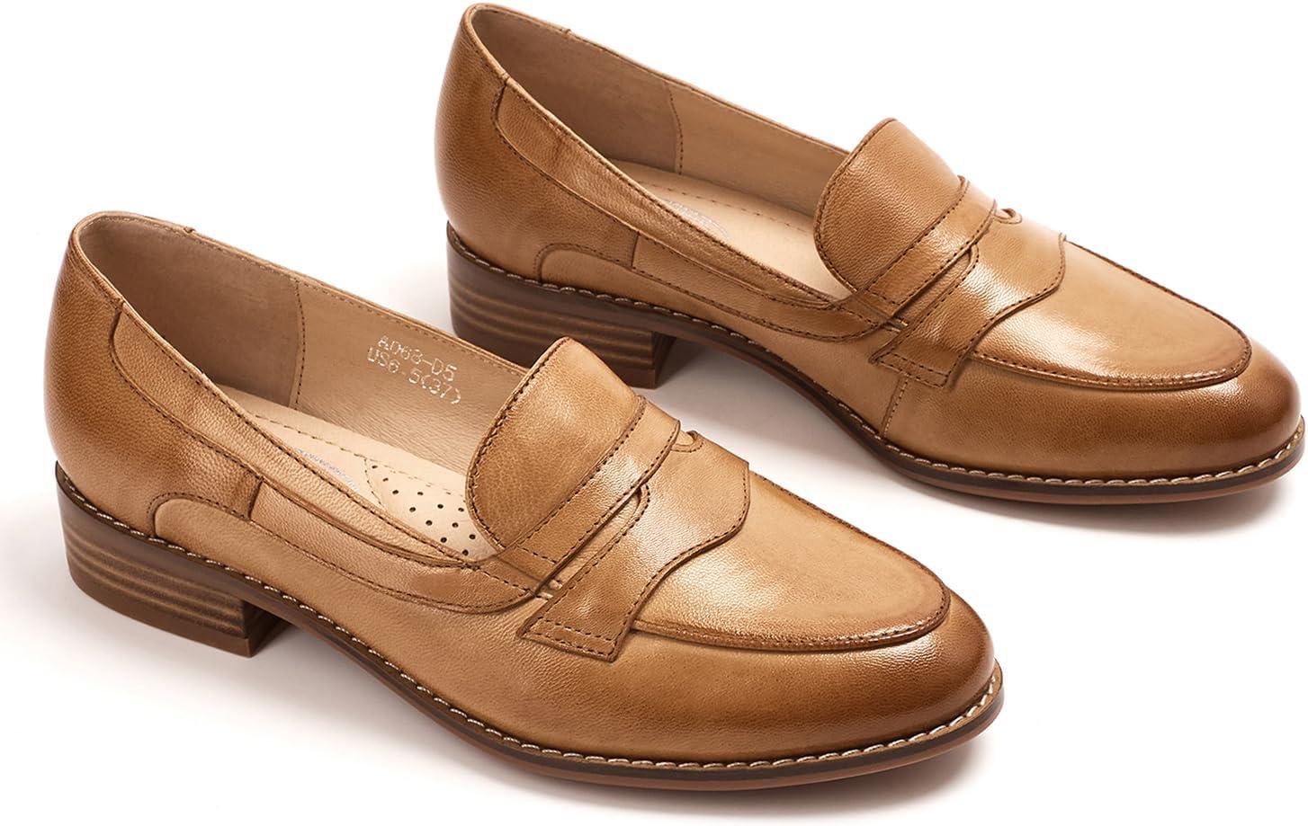 imageMona flying Womens Comfort Leather Round Toe Penny Loafers Dress Casual Slip On Flats Ladies Office Work ShoesPale Brown