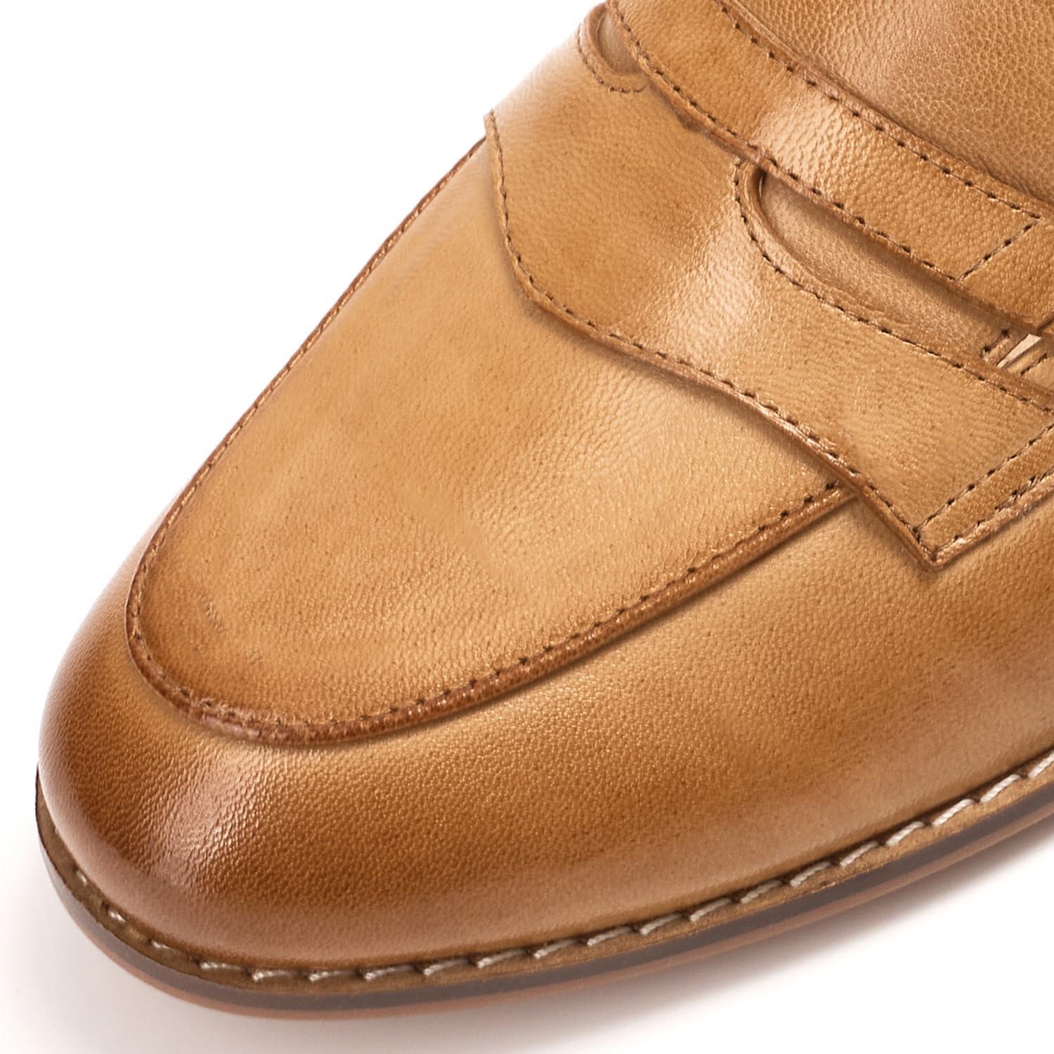 imageMona flying Womens Comfort Leather Round Toe Penny Loafers Dress Casual Slip On Flats Ladies Office Work ShoesPale Brown