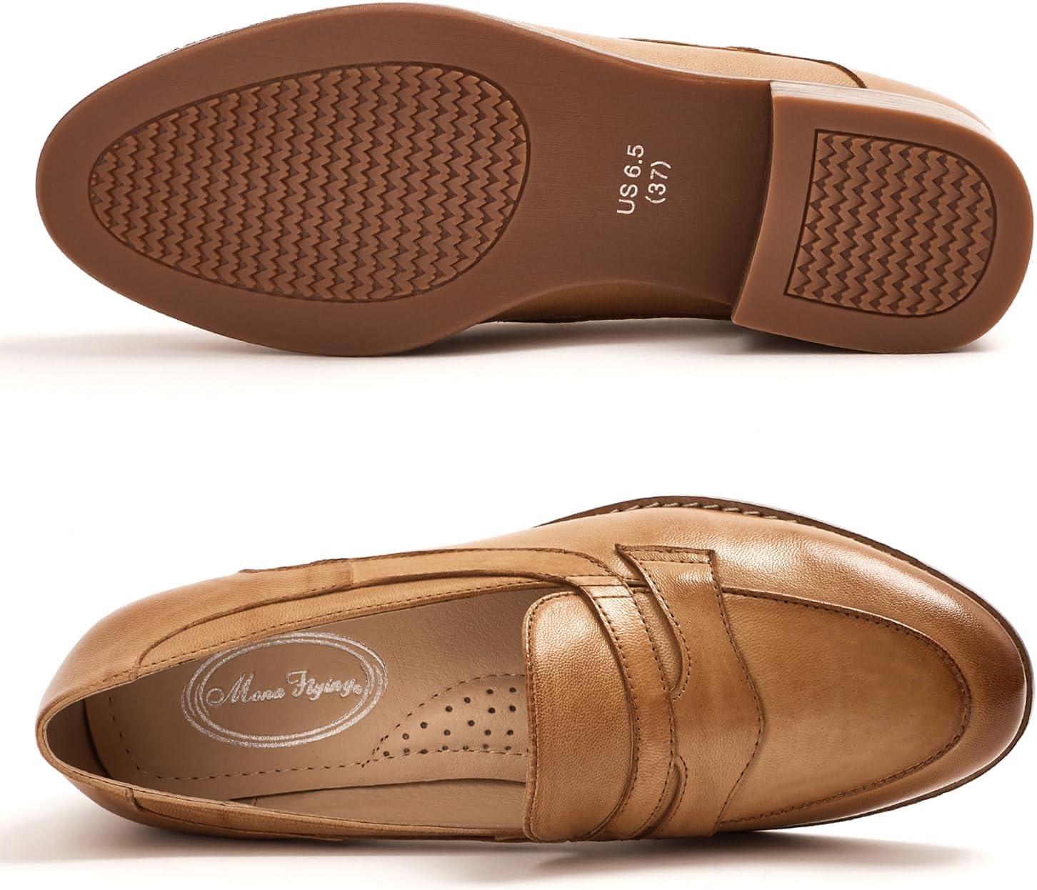 imageMona flying Womens Comfort Leather Round Toe Penny Loafers Dress Casual Slip On Flats Ladies Office Work ShoesPale Brown