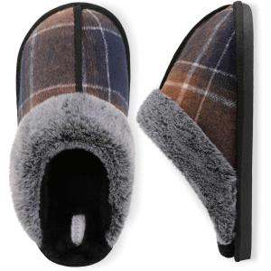 imageBesroad Mens Slippers Memory Foam House Slippers Warm Fuzzy Bedroom Slide House Shoes Indoor Outdoor ScuffBrown Blue Plaid