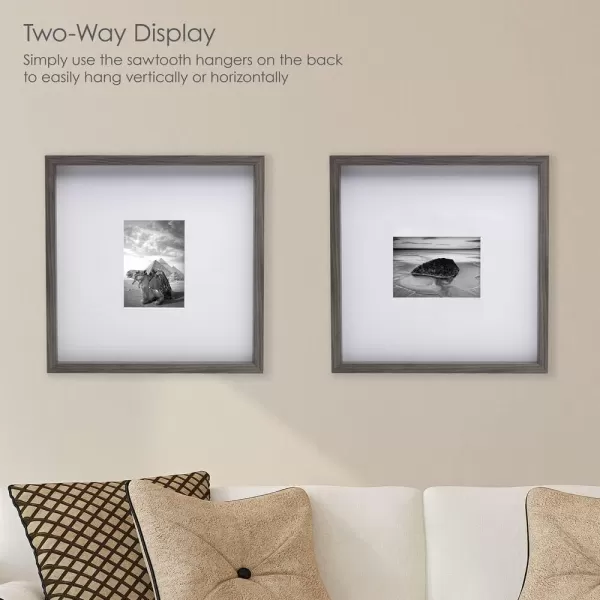 Mikasa 16x16 in. Gallery Frame 15x15 in. Photo without Mat, 5x7 in. Photo with Mat, 2 mm Beveled Mat, Vertical or Horizontal Display, Gray