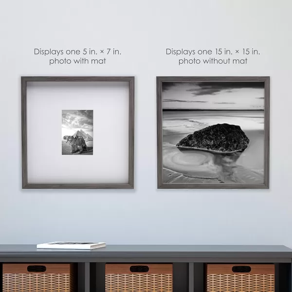 Mikasa 16x16 in. Gallery Frame 15x15 in. Photo without Mat, 5x7 in. Photo with Mat, 2 mm Beveled Mat, Vertical or Horizontal Display, Gray