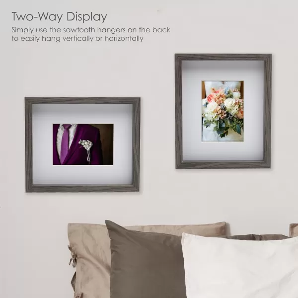 Mikasa 16x16 in. Gallery Frame 15x15 in. Photo without Mat, 5x7 in. Photo with Mat, 2 mm Beveled Mat, Vertical or Horizontal Display, Gray