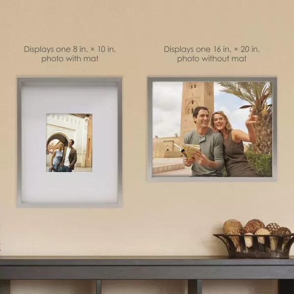 Mikasa 16x16 in. Gallery Frame 15x15 in. Photo without Mat, 5x7 in. Photo with Mat, 2 mm Beveled Mat, Vertical or Horizontal Display, Gray
