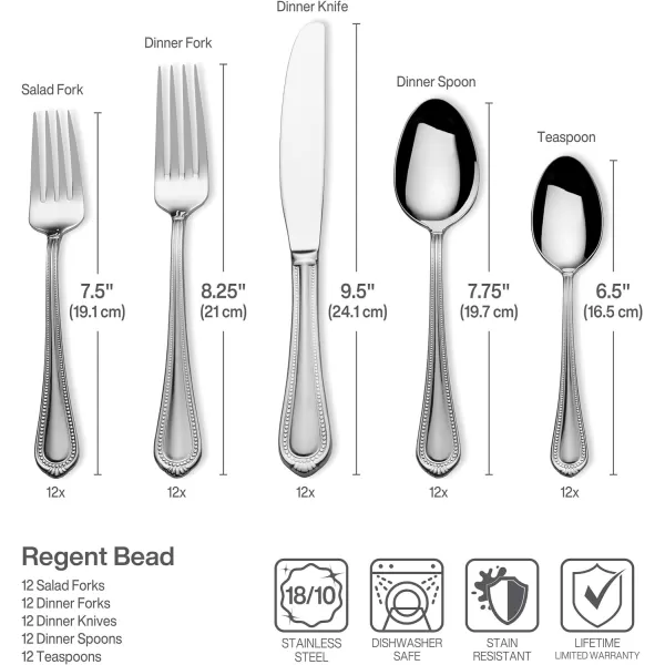 Mikasa 5081086 Regent Bead 65-Piece 18/10 Stainless Steel Flatware Set with Serving Utensil Set, Service for 12