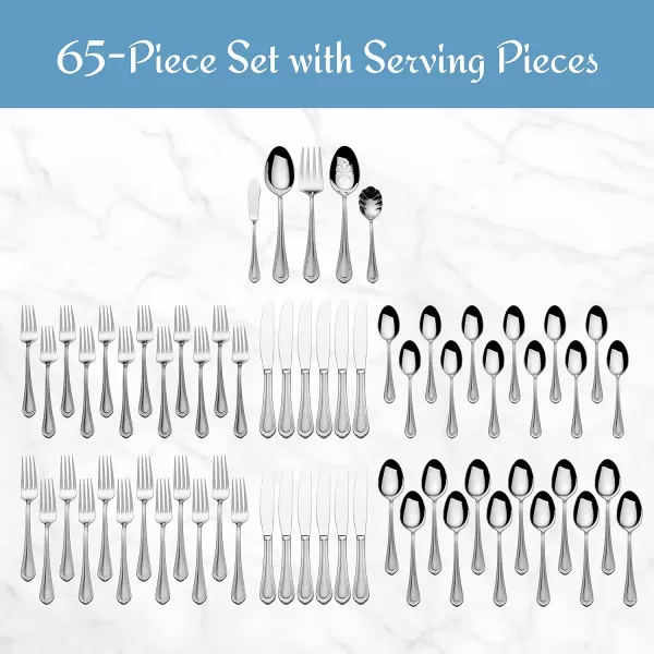 Mikasa 5081086 Regent Bead 65-Piece 18/10 Stainless Steel Flatware Set with Serving Utensil Set, Service for 12