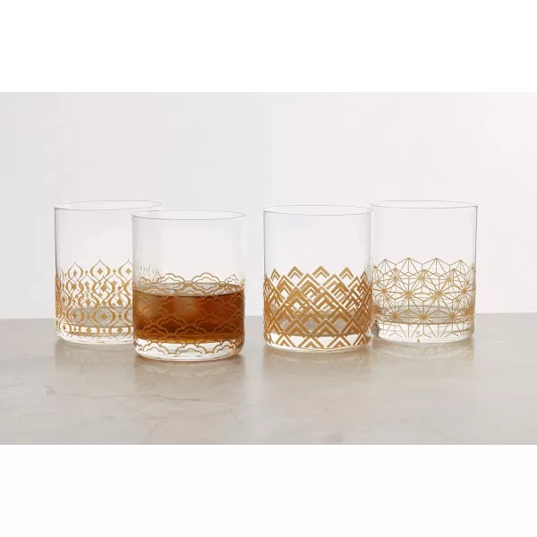 Mikasa Art Deco Set of 4 Double Old Fashioned Whiskey Glasses, 4 Count , Gold