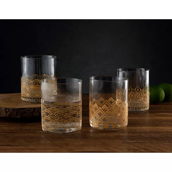 Mikasa Art Deco Set of 4 Double Old Fashioned Whiskey Glasses, 4 Count , Gold