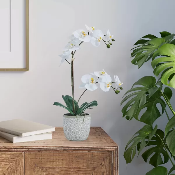 Mikasa Artificial Orchid in Pot, Real Touch Phalaenopsis Orchid, Embossed Fan Cement Pot, 16-Inch Single Branch, White/Yellow