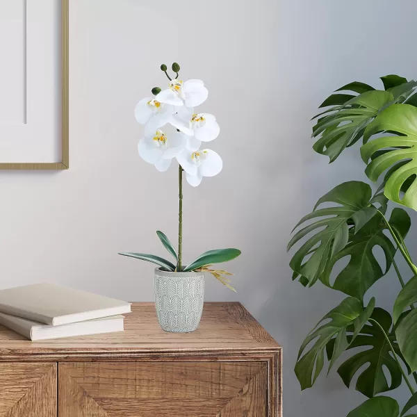 Mikasa Artificial Orchid in Pot, Real Touch Phalaenopsis Orchid, Embossed Fan Cement Pot, 16-Inch Single Branch, White/Yellow