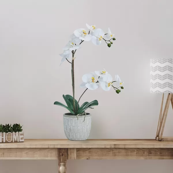 Mikasa Artificial Orchid in Pot, Real Touch Phalaenopsis Orchid, Embossed Fan Cement Pot, 16-Inch Single Branch, White/Yellow