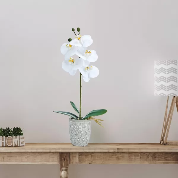 Mikasa Artificial Orchid in Pot, Real Touch Phalaenopsis Orchid, Embossed Fan Cement Pot, 16-Inch Single Branch, White/Yellow