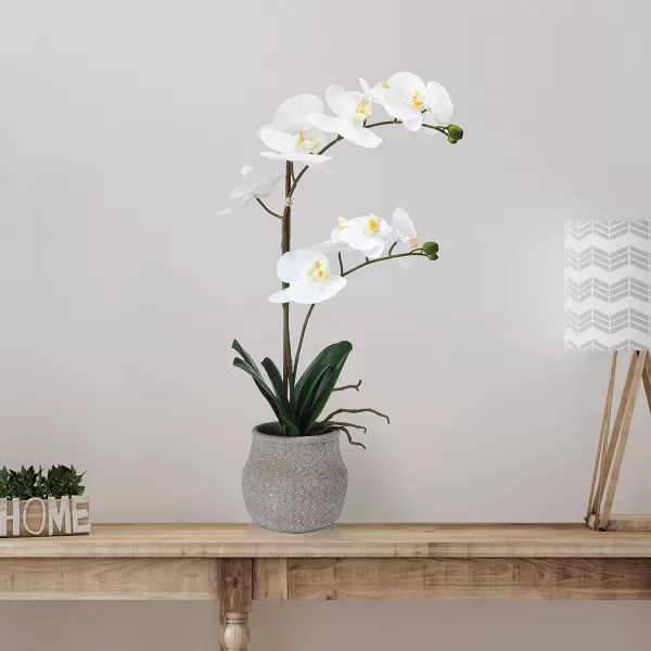 Mikasa Artificial Orchid in Pot, Real Touch Phalaenopsis Orchid, Embossed Weave Cement Pot, 16-Inch Single Branch, White/Pink