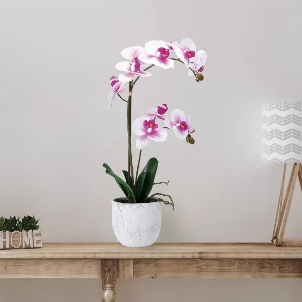 Mikasa Artificial Orchid in Pot, Real Touch Phalaenopsis Orchid, Embossed Weave Cement Pot, 22-Inch Double Branch, Watercolor Pink