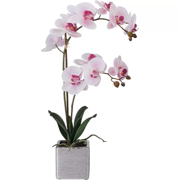 Mikasa Artificial Orchid in Pot, Real Touch Phalaenopsis Orchid, Silver Texture Ceramic Pot, 22-Inch Double Branch, White/Pink