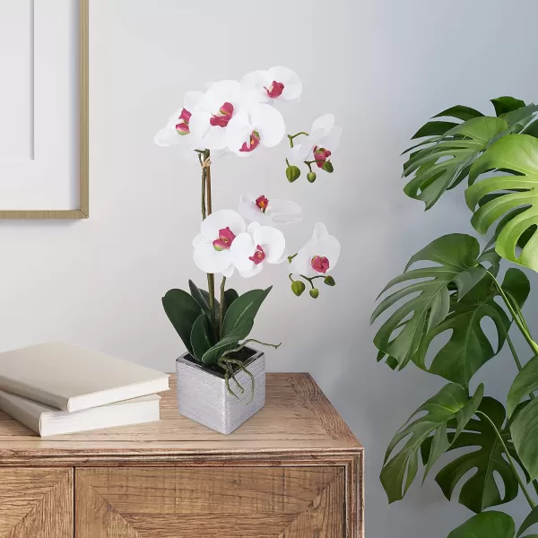 Mikasa Artificial Orchid in Pot, Real Touch Phalaenopsis Orchid, Silver Texture Ceramic Pot, 22-Inch Double Branch, White/Pink