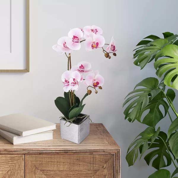 Mikasa Artificial Orchid in Pot, Real Touch Phalaenopsis Orchid, Silver Texture Ceramic Pot, 22-Inch Double Branch, White/Pink