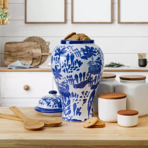 Mikasa Blue and White Landscape Round Ceramic Ginger Jar, Store Small Household Items or Display Faux Florals, 15 INCH