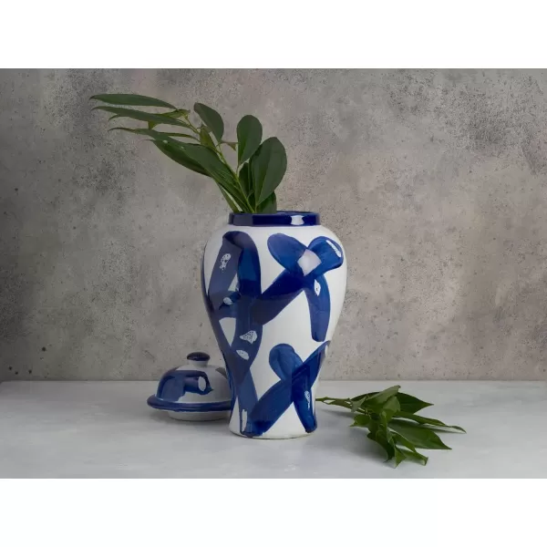 Mikasa Blue and White Landscape Round Ceramic Ginger Jar, Store Small Household Items or Display Faux Florals, 15 INCH