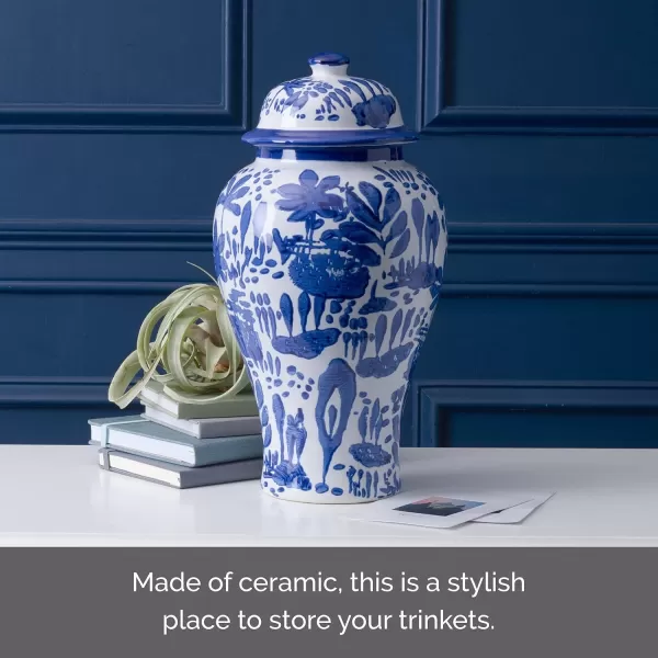Mikasa Blue and White Landscape Round Ceramic Ginger Jar, Store Small Household Items or Display Faux Florals, 15 INCH