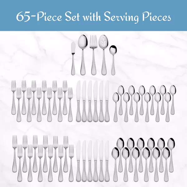 Mikasa, Bravo Flatware Service for 12, 65 Piece Set, 18/10 Stainless Steel, Silverware Set with Serving Utensils