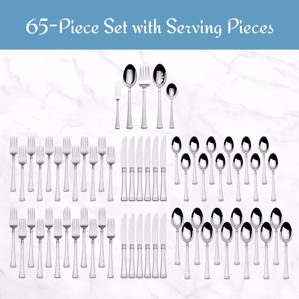 Mikasa, Bravo Flatware Service for 12, 65 Piece Set, 18/10 Stainless Steel, Silverware Set with Serving Utensils
