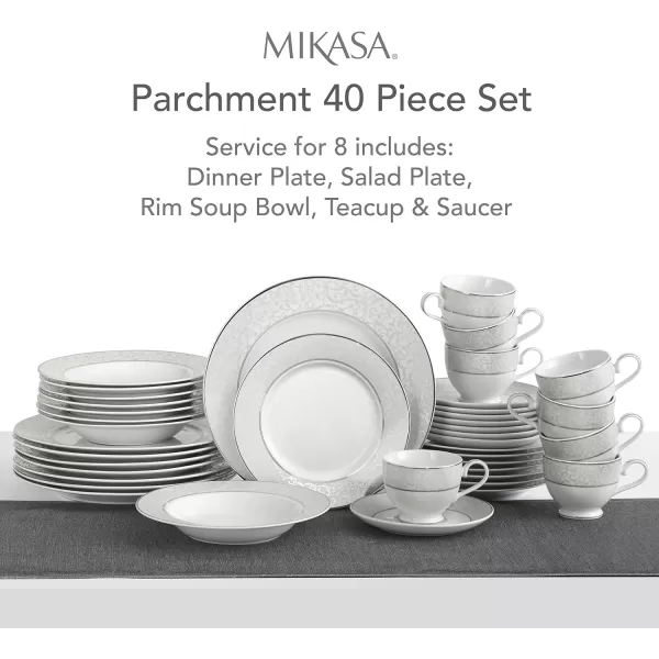 Mikasa Cameo Platinum 40-Piece Dinnerware Set, Dinner,Salad,Cereal, Fruit, Service for 8,White