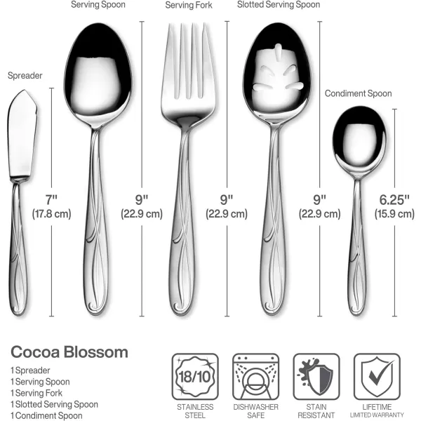 Mikasa Cocoa Blossom 18/10 Stainless Steel Flatware Hostess Serving Utensil, 65 Piece Set, Silver