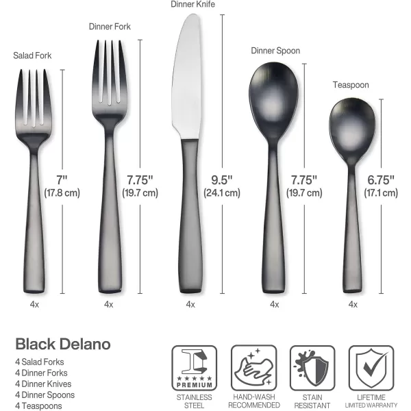 Mikasa Delano Black Satin 20-Piece Stainless Steel Flatware Set, Service for 4
