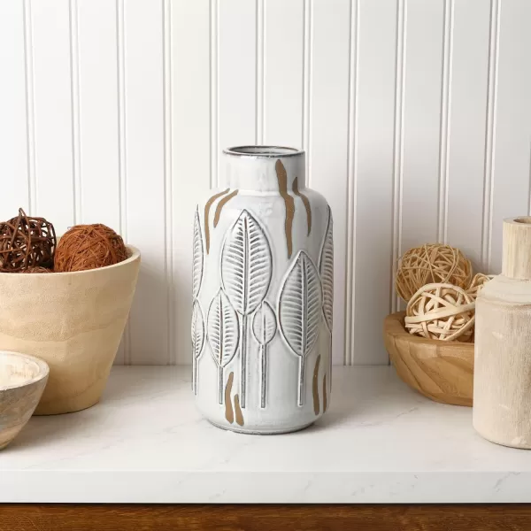 Mikasa Embossed Leaves White and Beige Ceramic Vase, 5.91x5.91x13.78 Inch