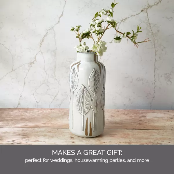 Mikasa Embossed Leaves White and Beige Ceramic Vase, 5.91x5.91x13.78 Inch