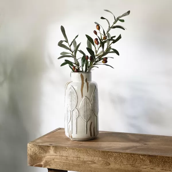 Mikasa Embossed Leaves White and Beige Ceramic Vase, 5.91x5.91x13.78 Inch