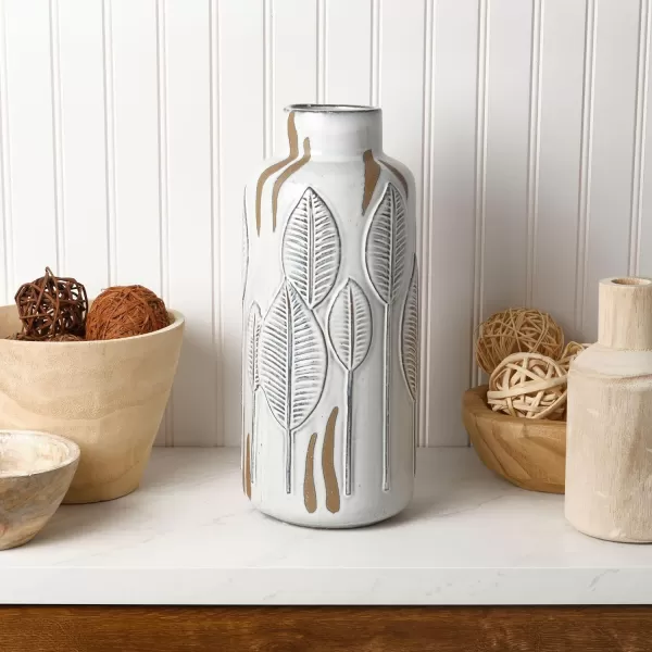 Mikasa Embossed Leaves White and Beige Ceramic Vase, 5.91x5.91x13.78 Inch