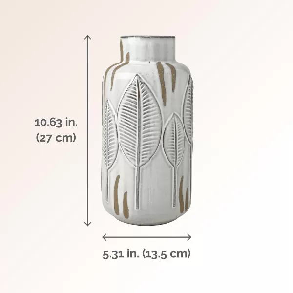 Mikasa Embossed Leaves White and Beige Ceramic Vase, 5.91x5.91x13.78 Inch