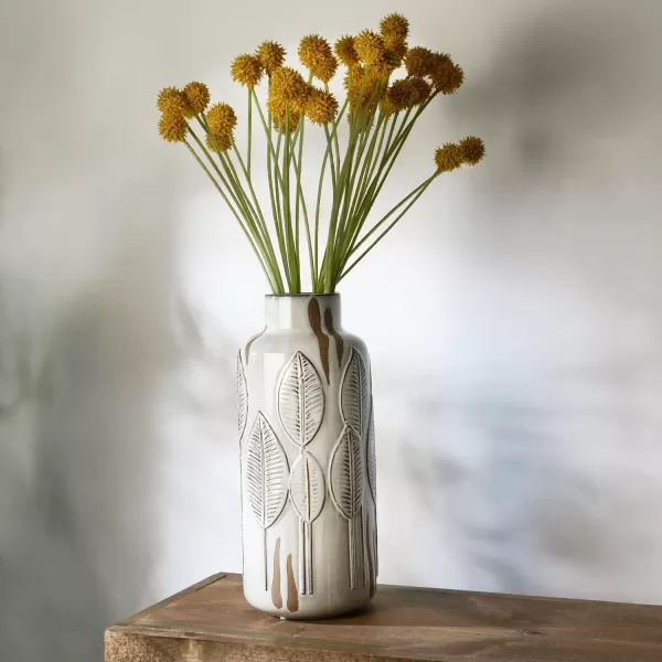 Mikasa Embossed Leaves White and Beige Ceramic Vase, 5.91x5.91x13.78 Inch