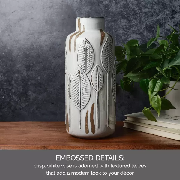 Mikasa Embossed Leaves White and Beige Ceramic Vase, 5.91x5.91x13.78 Inch