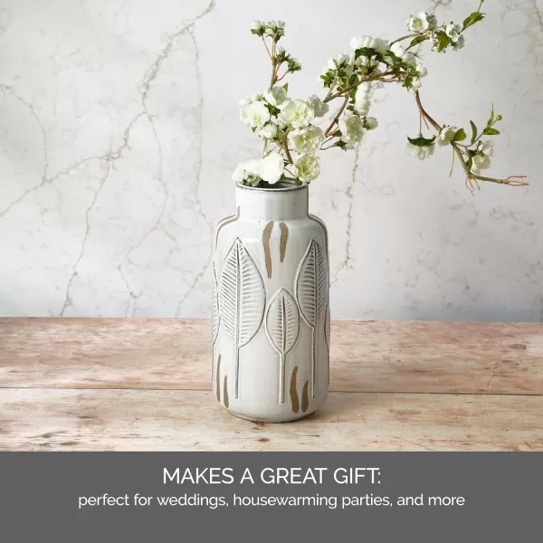 Mikasa Embossed Leaves White and Beige Ceramic Vase, 5.91x5.91x13.78 Inch