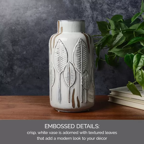 Mikasa Embossed Leaves White and Beige Ceramic Vase, 5.91x5.91x13.78 Inch